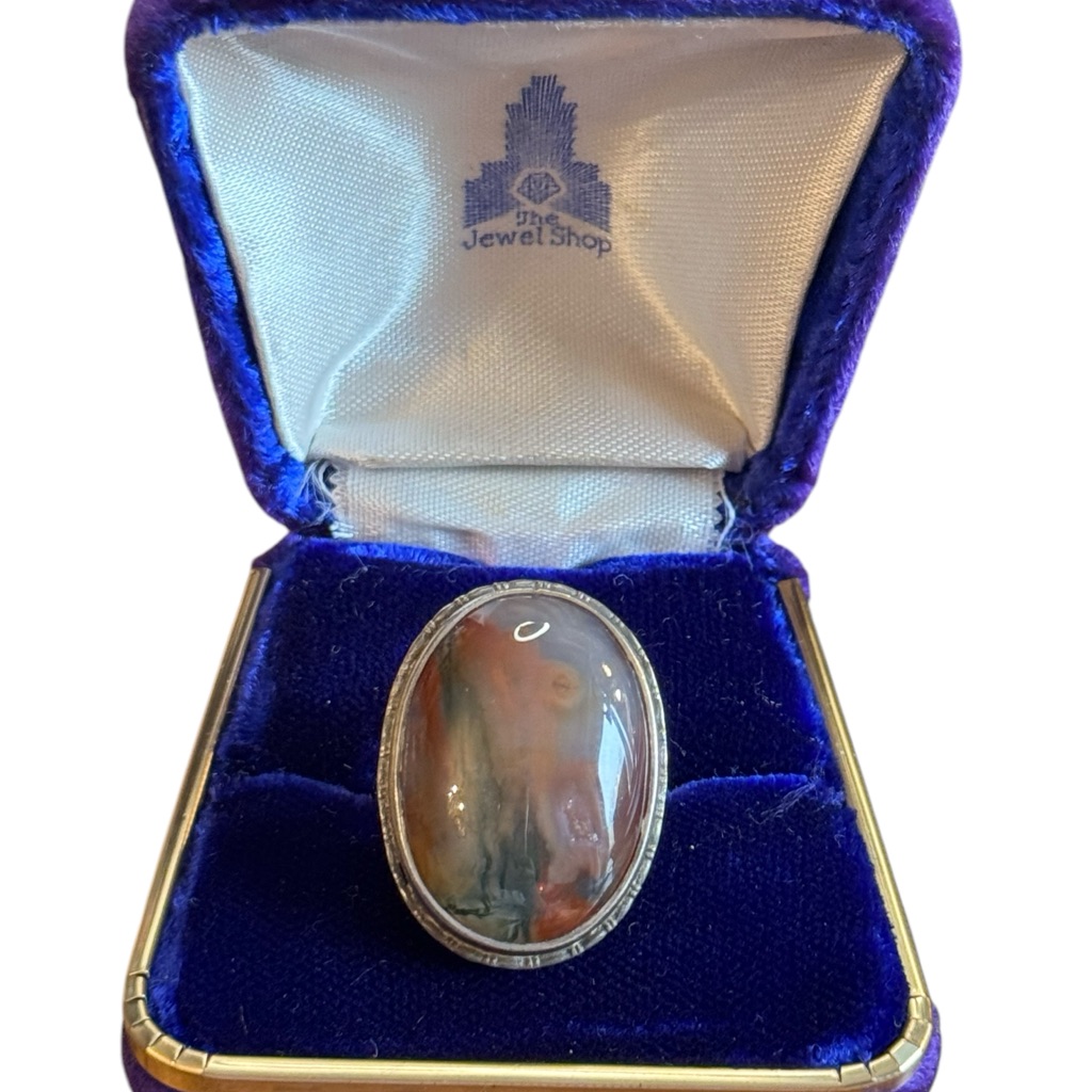 Antique 1920s Art Deco Large Oval Scottish Moss Agate Stone Ring